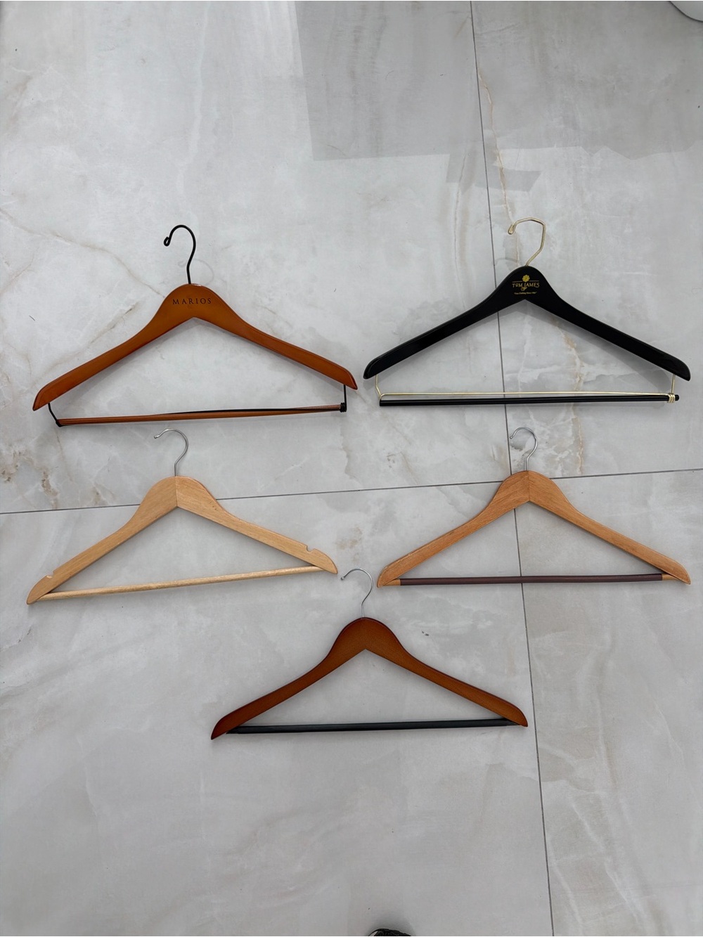5 Wood Suit Hangers Incl Marios & Tom James High End Clothing Retailers